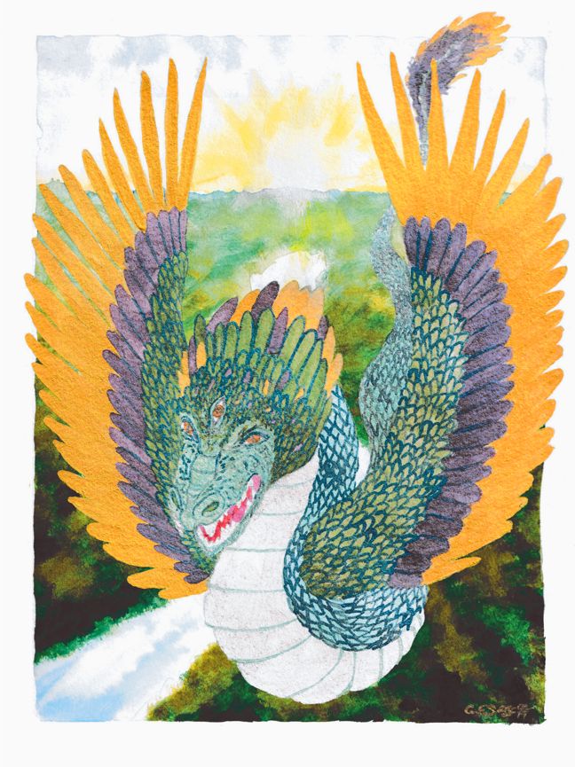 A watercolor painting of a dragon. The dragon is an Amphithere and has green scales and purple and gold feathers. The dragon is flying above a jungle river towards the viewer with its wings spread. Its mouth is open showing off its fangs and the top of the head is visible showing off the third eye on the forehead. The background was painted with regular watercolor paint, while the dragon was painted with metallic and pearlescent paints to make it feel more magical.