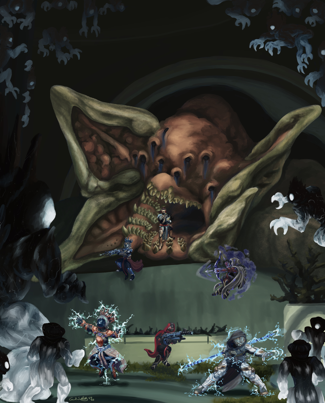 A digital painting of the final encounter in the raid Last Wish from the video game Destiny 2. The background has the defeated body of Riven being swarmed with Taken enemies. The enemies are trying to stop the six Guardians running towards the foreground using different weapons and powers. The sixth guardian is standing in Riven's open mouth holding her corrupted heart.