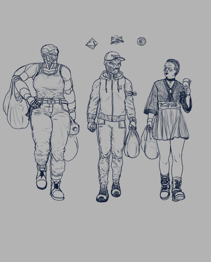 Digital sketch of three Destiny player characters walking and talking