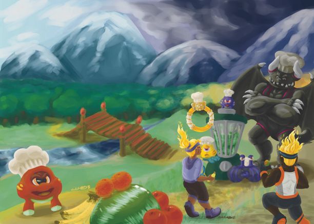 A digital painting that was the book cover for the zine Ring Fit Kitchen. It features characters from the game Ring Fit Adventure all wearing chef hats.