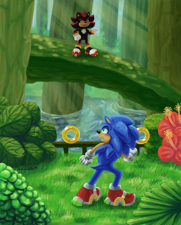 A digital painting of the rival battle fight in the White Jungle level of the video game Sonic Adventure 2 Battle. Sonic the Hedgehog is on a platform in the middle of a forest. He is looking up angrily at Shadow the Hedgehog who is in the tree branches taunting him.