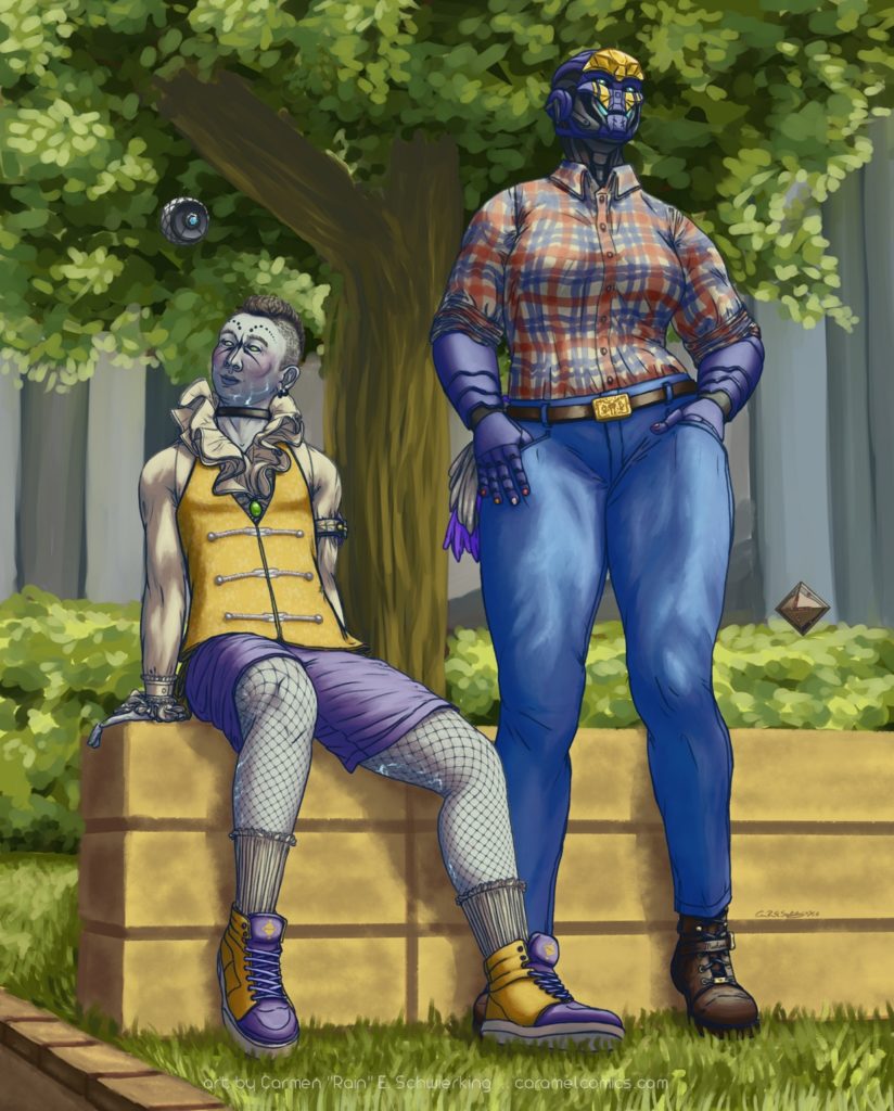 A digital illustration of two player characters from the video game franchise Destiny. They are resting in a park in the Last City wearing casual clothing instead of armor. The Awoken Warlock is wearing a large ruffle collar long-sleeve shirt, brocade waistcoat, Bond of the Emperor's Minister, dress shorts, fishnet stockings, frilly tall socks, and high-top basketball shoes with Emperor Calus symbols. They are sitting on a brick half wall and blushing shyly. The Exo Titan is wearing a flannel long-sleeve button up with the sleeves rolled-up halfway, denim jeans, leather belt with a large Tex Mechanica belt buckle and two different handkerchiefs, purple and silver lamé, hanging off it, and leather biker boots with Tex Mechanica insignias. They are looking into the distance with a thoughtful expression. The guardian's ghosts are floating around their respective persons.