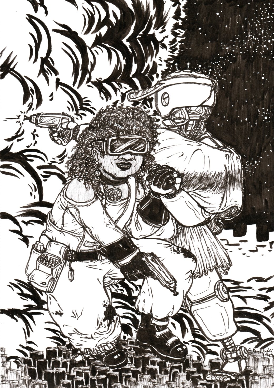 A traditional ink illustration of two characters rendered in an old school ink comic cover style. The characters are a mechanic and android. The pair are holding opposite hands together to balance on unsteady ground. The android is firing a laser gun at an unseen threat and a huge explosion cloud is rolling into the scene, covering most of the background.