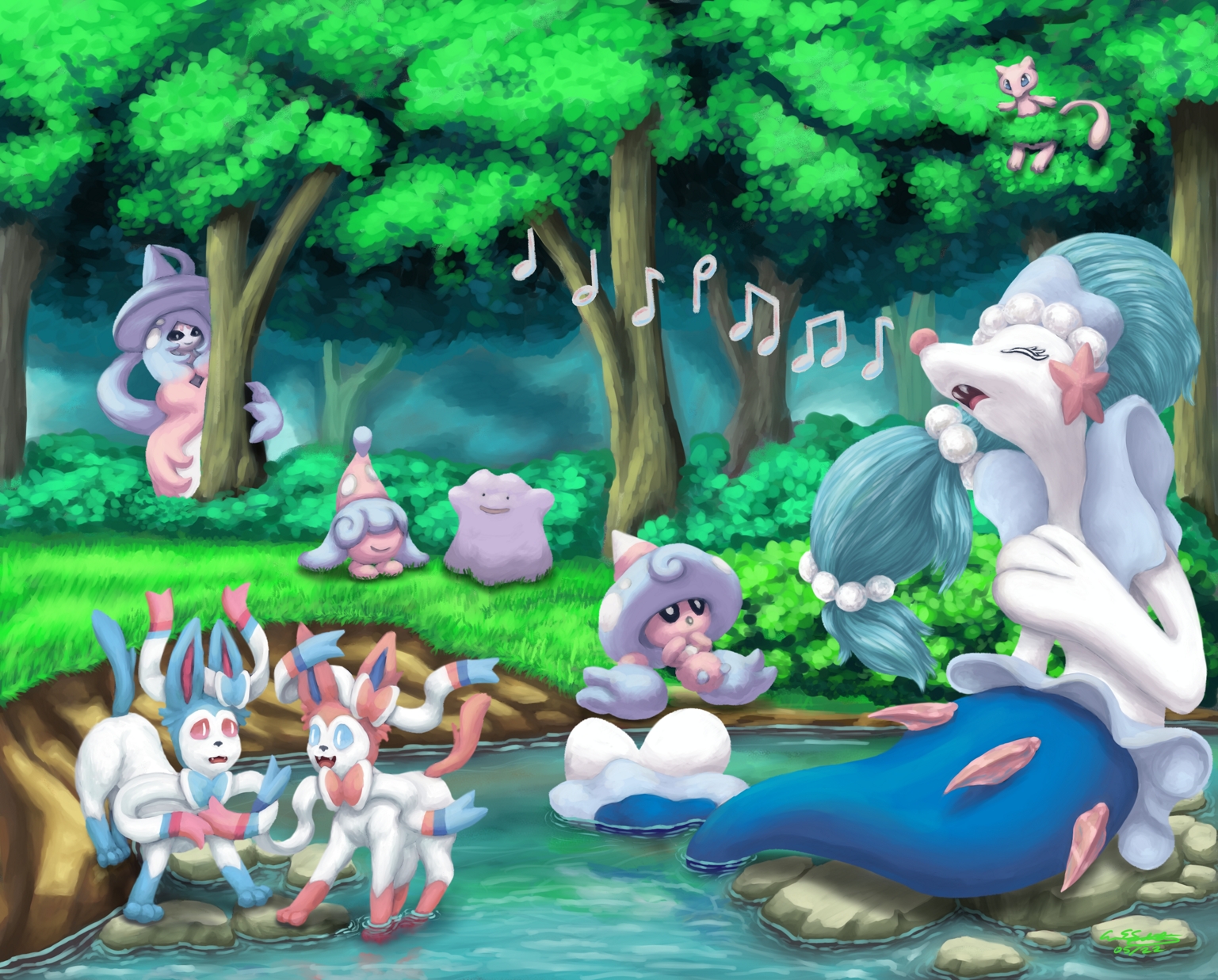 A digital illustration of Pokémon from the Pokémon franchise. They are hanging out together in a forest clearing by a river. A Hatterene is hiding in the trees, a Hatenna and Ditto are playing in the grass, a Hattrem is watching a Primarina sing in the river, and a Sylveon is trying to coax a Shiny Sylveon into the river to play. There is a Mew hidden in the tree tops watching the scene below.