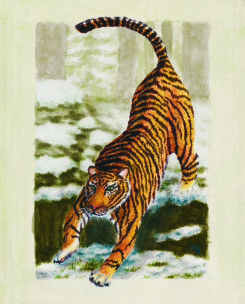 A watercolor painting of a Siberian Tiger in a snowy forest